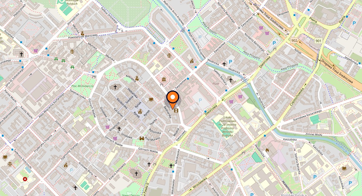 Mapa centrum Gliwic z zaznaczoną siedzibą DLB. przy ul. Zwycięstwa 10, lokal 308